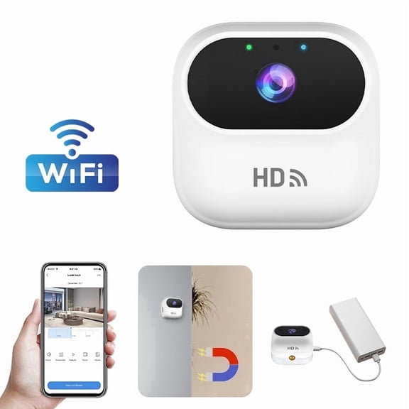 Ourlife Magnetic-Mount Mini Security Camera, Rechargeable, App Monitoring, Motion Detection, Night Vision, White, 1-Pack