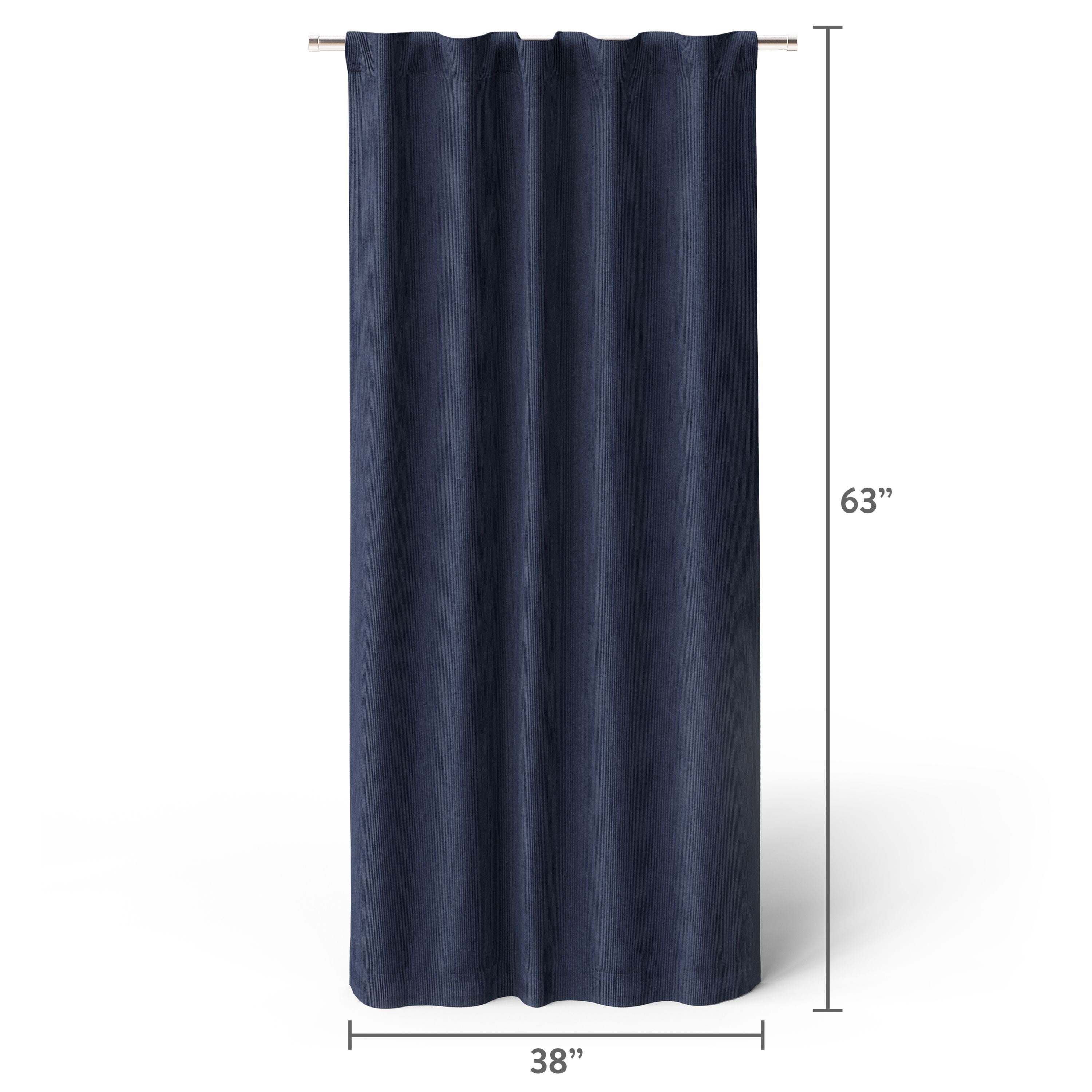 Mainstays Kids Dark Navy Solid Ribbed Corduroy Blackout Rod Pocket with Back Tabs Single Curtain Panel, Set of 1, 38" W x 63" L