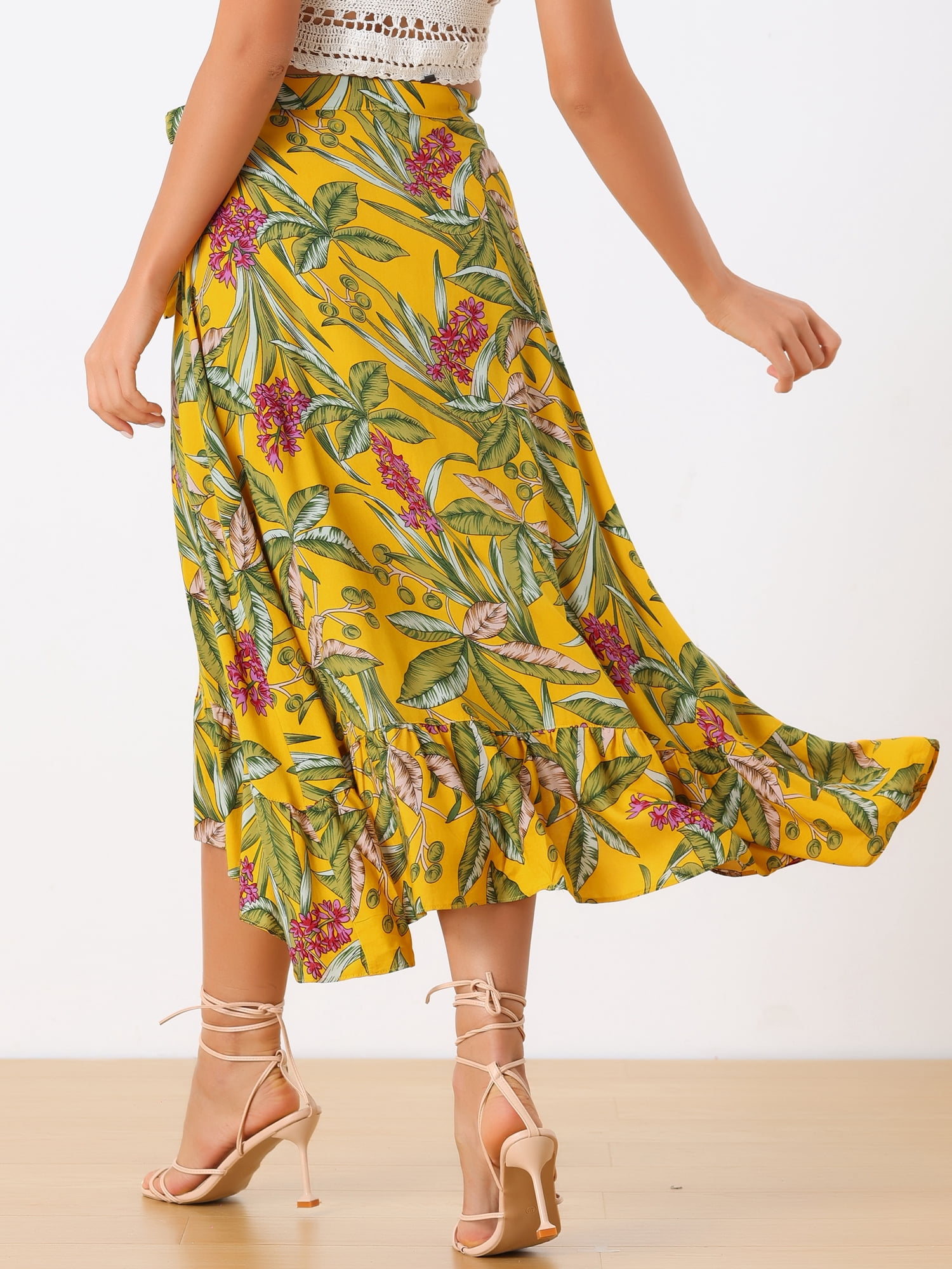 DARING DIVA Women's Ruffle Self Tie Knot Split Beach Wrap Midi Skirt M Yellow