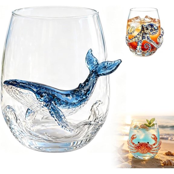 Ocean Themed Blue Ringed Octopus Glass Cup Set, Drinking Glasses, Stemless Wine Tumbler with Textured Octopus Design, Coastal Glassware Gift for Ocean Lovers