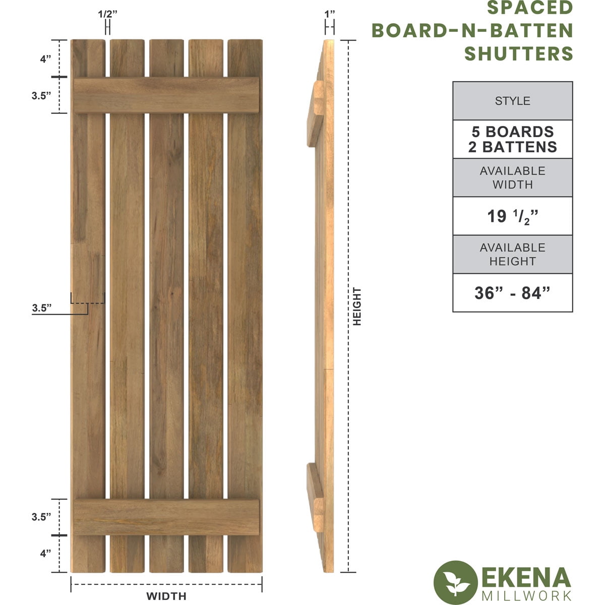 Ekena Millwork 19 1/2"W x 57"H Americraft Five Board (2 Batten) Exterior Real Wood Spaced Board-n-Batten Shutters (Per Pair), Thermal Green