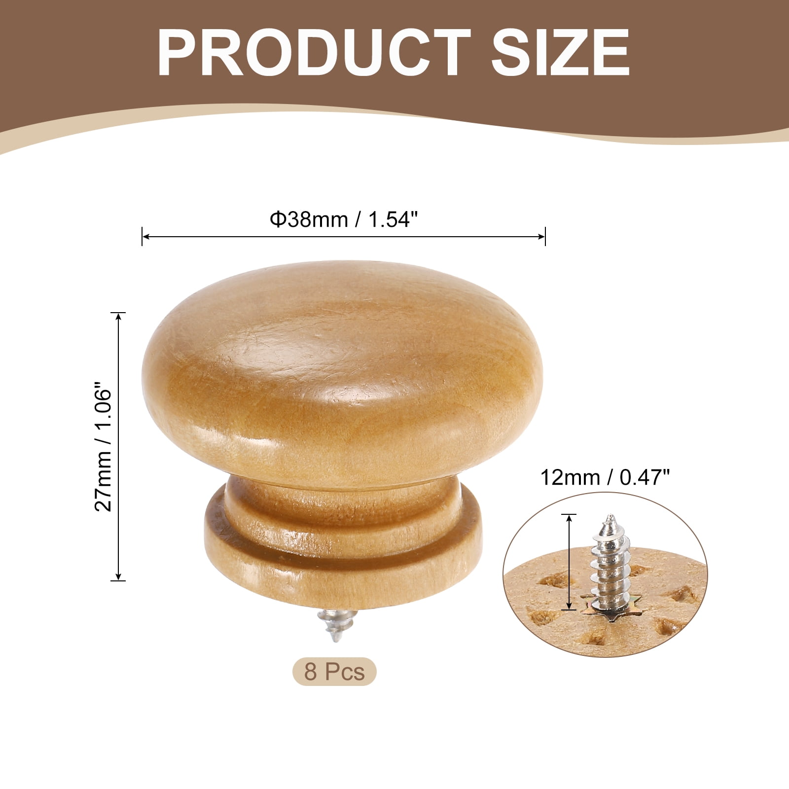 Uxcell 8 Pack Round Wood Drawer Knob, 1.54" x 1.06" Self-Tapping Solid Wood Handle Round Cabinet Knob Mushroom Shape Wooden Knobs for Furniture Dresser Wardrobe, Wood Color