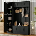 thumbnail image 2 of Euroco 79'' Tall Modern Hall Tree with Shoe Storage, 4-in-1 Entryway Bench with 6 Cabinets, 4 Coat Hooks & Adjustable Shelf for Hallway, living room, Black, 2 of 9