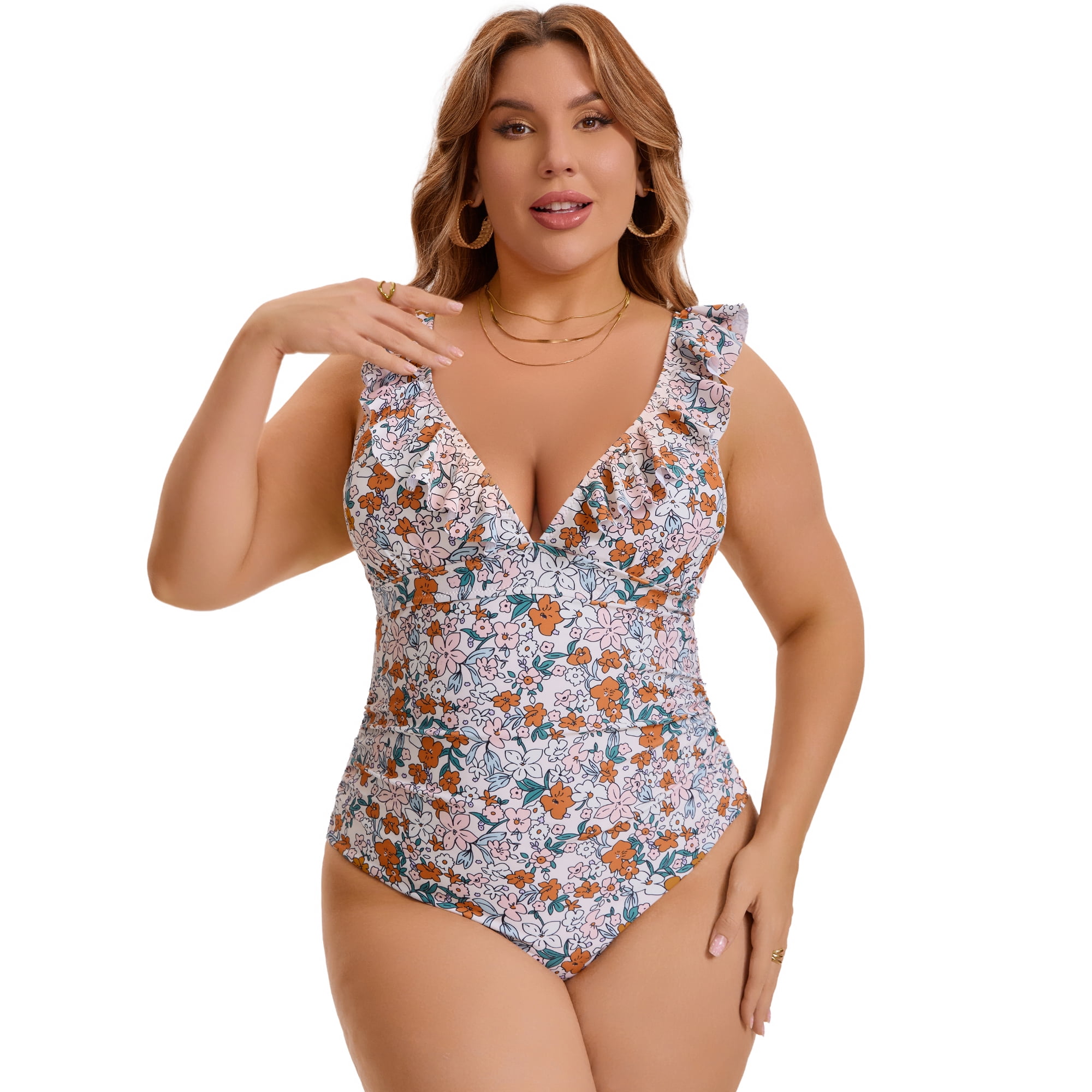 DARING DIVA Women's Plus Swimsuit Ruffled V Neck Tummy Control Bathing Suit 4X Beige
