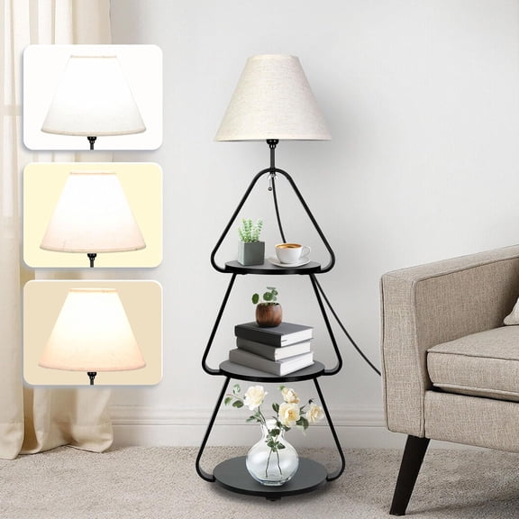 Black Floor Lamp with Small Round Side Table, 3-Tier Circular End Table with Storage Shelf, Round Corner Desk Nightstand for Living Room Bedroom Small Spaces