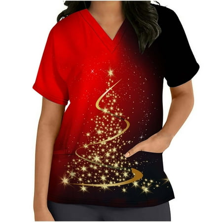 

JWZUY Christmas Scrub Tops for Women Graphic Nurse Nursing Working Uniforms V Neck Short Sleeve Holiday Scrub Top with Pockets Casual Blouses Tee Shirts T-Shirts Tshirt Red S