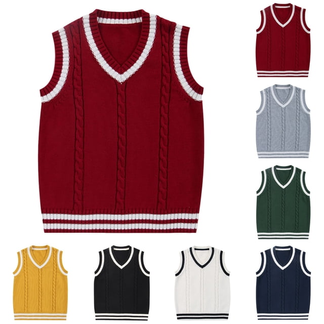 zaveiop Gilet Chandail Garçon 100 % Coton Uniforme Filles Col en V Sans Manches Tricoté (Rouge, 2-3 Ans)