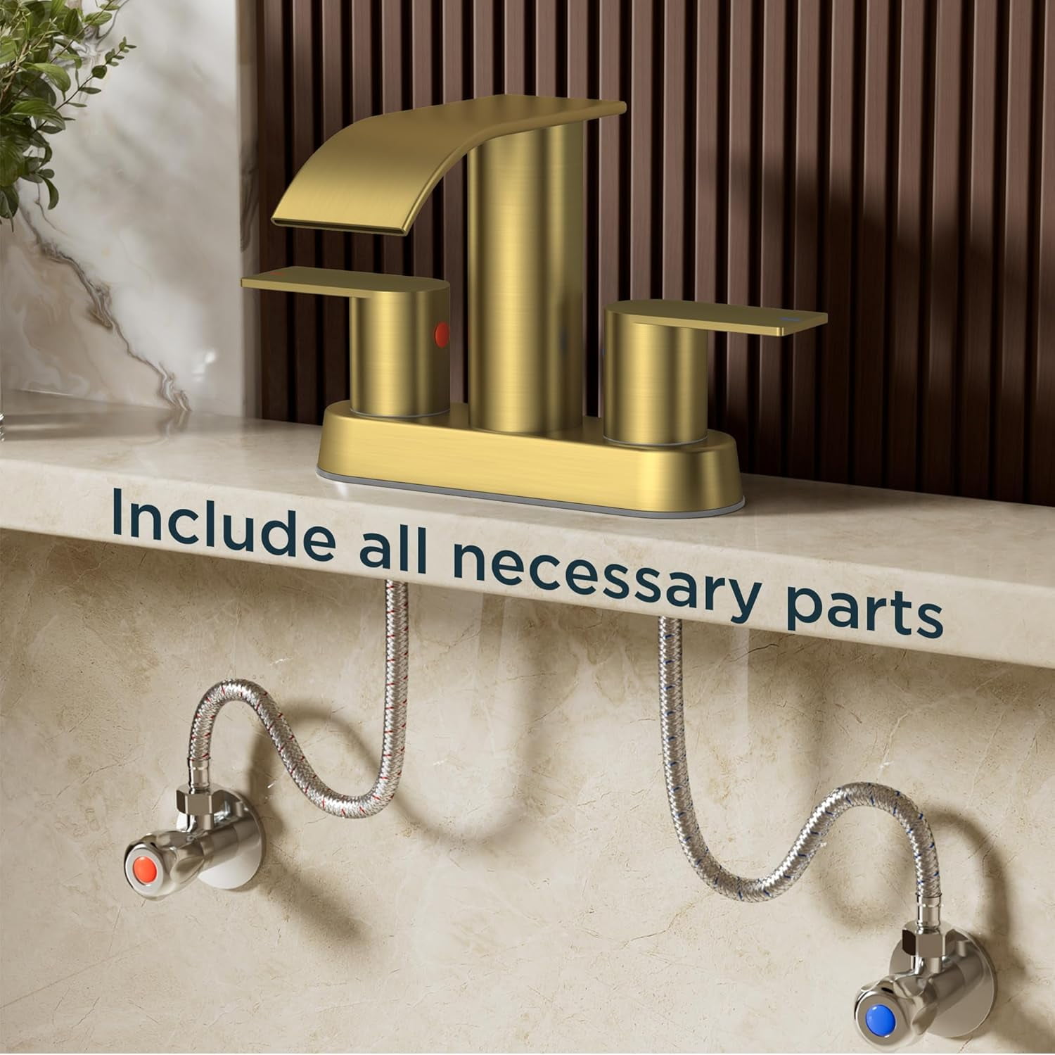 Brushed Gold Bathroom Sink Faucet, Waterfall 4 Inch Centerset Bathroom Faucets with Metal Pop up Drain and cUPC Hose for Basin,Vanity, Rv, Lavatory 2 or 3 Hole Sink
