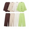 thumbnail image 2 of HH TRAF Conjunto de 2 piezas para mujer, chaqueta tipo kimono de algodón y lino con cuello en V, manga larga, cordones y pantalones anchos de lino con cintura elástica, 2 of 5