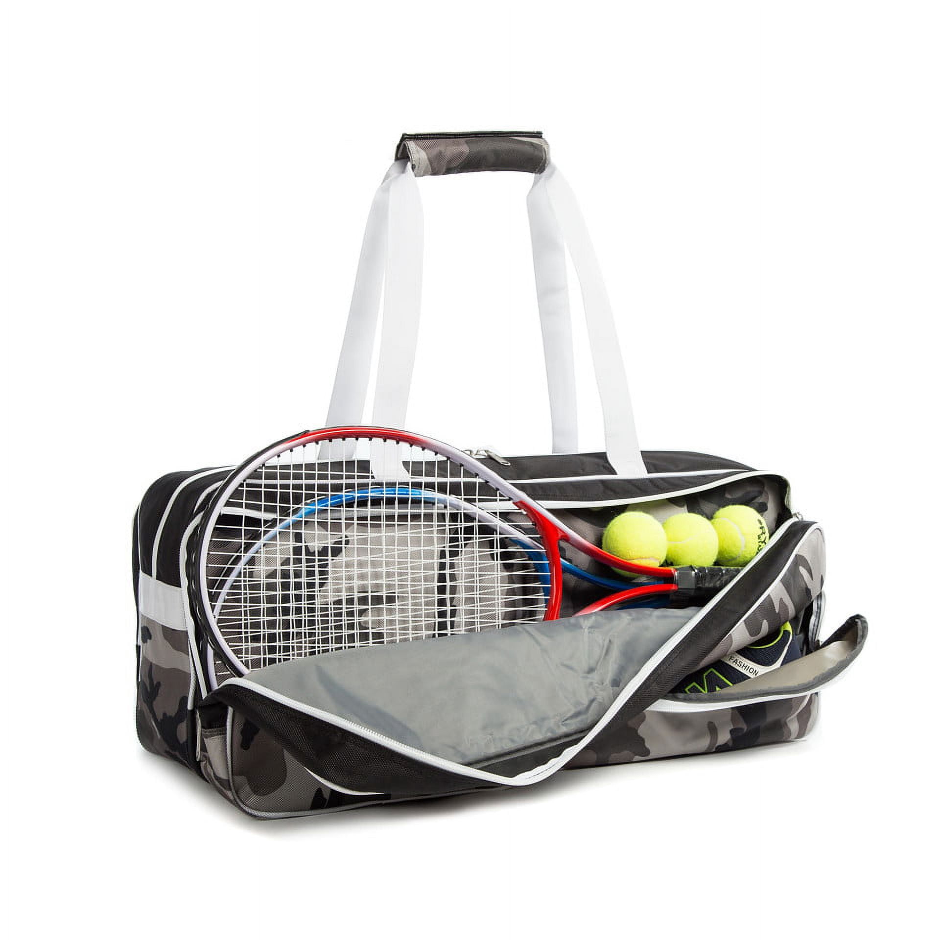 High Quality Tennis Bag Heavy Duty Racket Duffle Badminton Racquet Duffel Ballistic Nylon Squash Gear Tournament Duffle Bags with Shoe Compartment & 2 Water Bottle Pockets Snow Camouflage