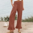 thumbnail image 2 of Hogleaql Linen Pants Women Summer, Comfortable Wide Leg Smocked Waist Ruffle Flowy Pants Lounge Palazzo Baggy Summer Beach Trousers with Pockets, 2 of 5