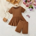 thumbnail image 2 of ZACPNCV Toddler Girls 2 Piece Outfit Solid Ruffle Hem Peplum Top and Biker Shorts Set Brown 7-8 Years, 2 of 7