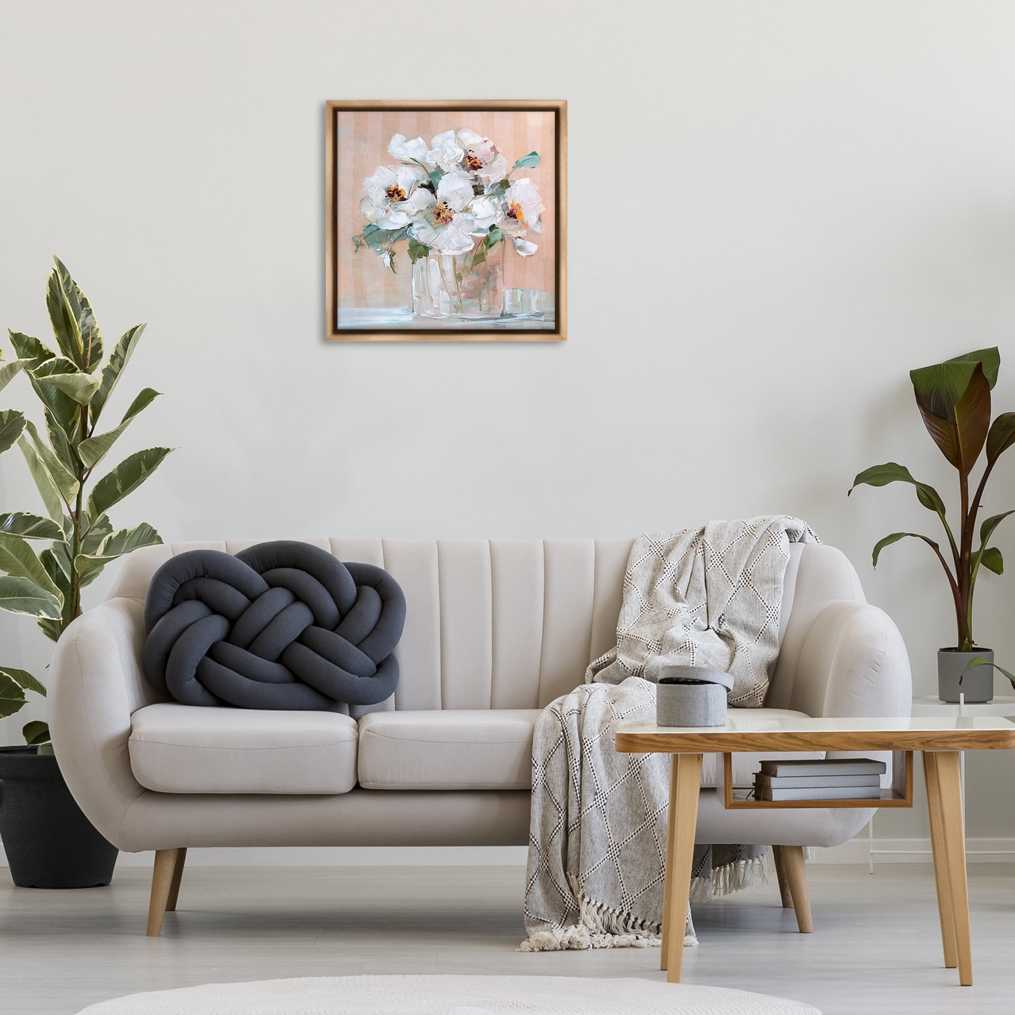 Stupell Industries White Florals on Pink Botanical & Floral Painting Brown Floater Framed Art Print Wall Art, 25 x 25