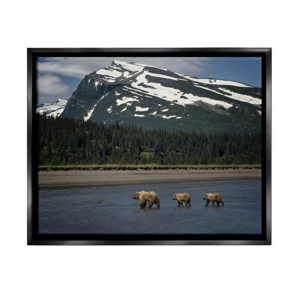 Stupell Industries Bears Crossing Icy River Landscape Photography Black Floater Framed Canvas Art Print Wall Art, 21 x 17