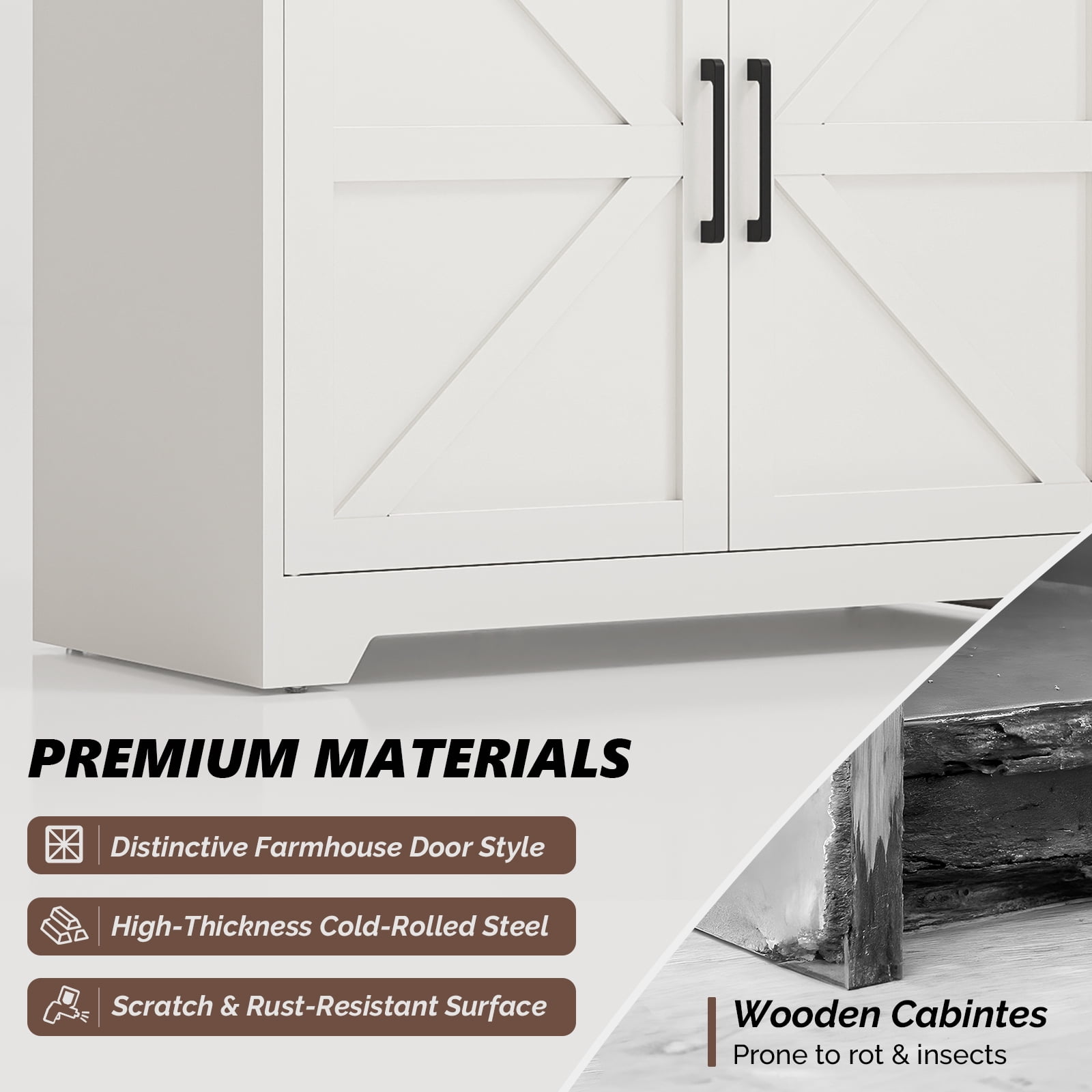 3-Tier Steel Barn Door Display Case, 69.7x31.5x15.4 Inches, Off-White With Contrasting Wood Grain