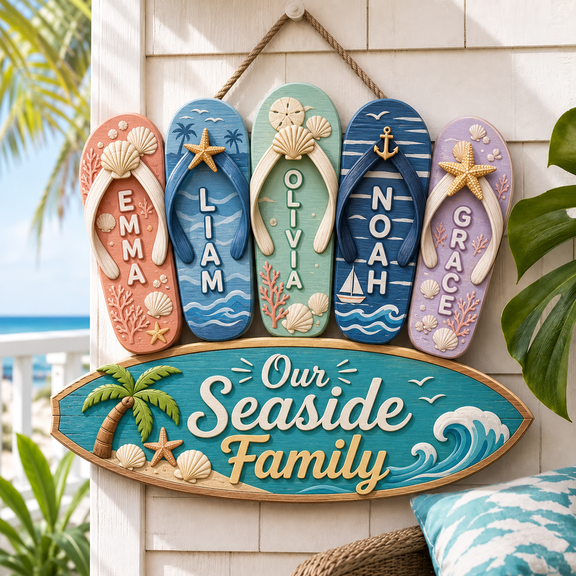 Wooden Door Sign Personalized Flip Flop Family Wooden Porch Decor for Beach House