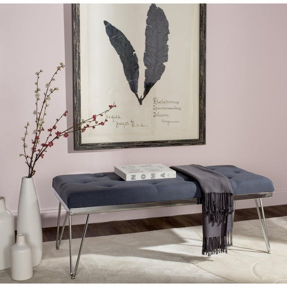 SAFAVIEH Marcella Contemporary Mid-Century Tufted Bench, Navy/Chrome