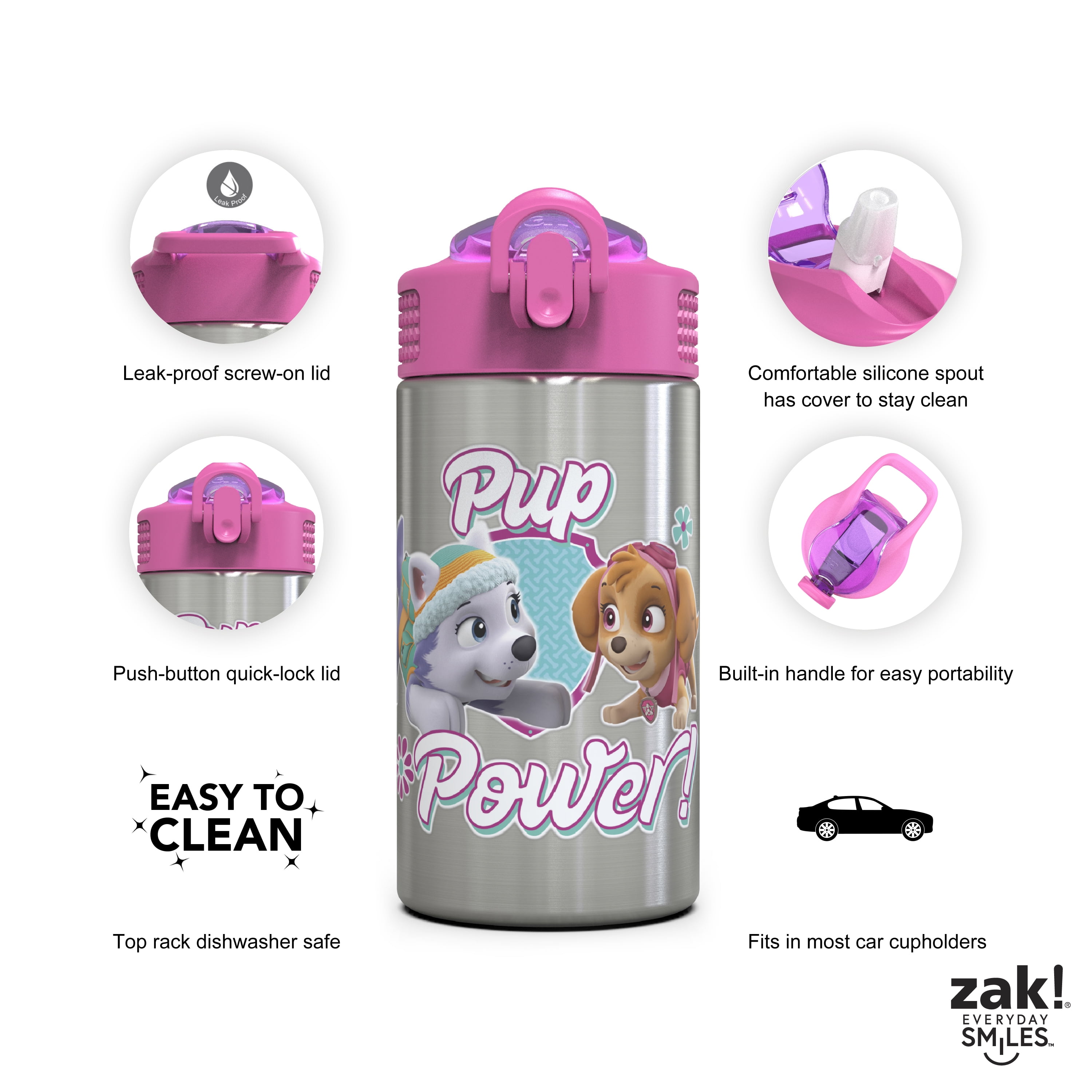 Zak Designs 15.5 oz Kids Water Bottle Stainless Steel with Push-Button Spout and Locking Cover, Paw Patrol Skye