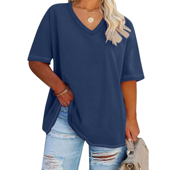 Cutuoiiu Short Sleeve Tops for Women Summer V-Neck Solid Color Plus Size T-Shirts Gifts