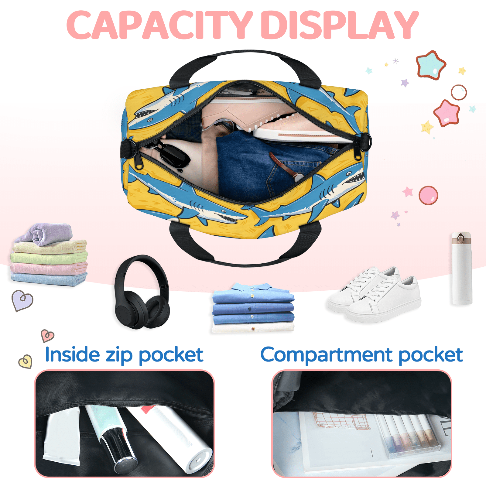 Herdesigns Nautical Shark Gym Bag for Women, Duffle Bag for Travel Sport, Sea Animal Lightweight Waterproof Carry on Weekender Dance Yoga Workout Bags