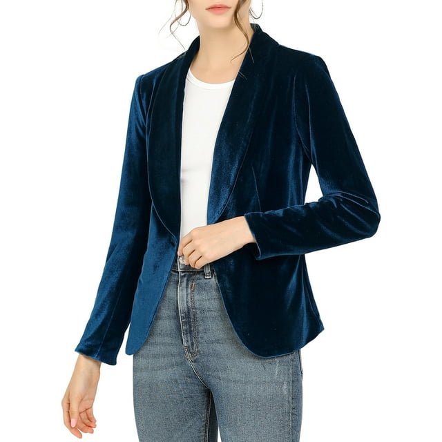 INSPIRE CHIC Women's Velvet Blazer Solid Color Shawl Collar One Button Wear-to-Work Blazer XL Deep Blue