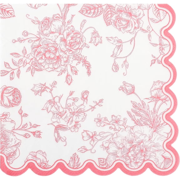 100 Pink Floral Paper Napkins Pink & White Flowers Disposable Party Napkin 6.5" Scalloped Edge Toile Bouquet Hand Towels for Birthday Bridal Baby Shower Tableware