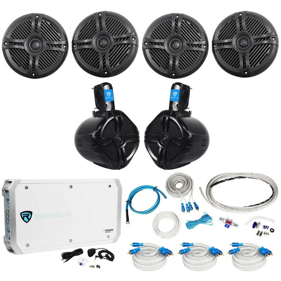 4) Rockville RMSTS65B 6.5" 1600w Marine Boat Speakers 2) Wakeboards Amp Wire Kit