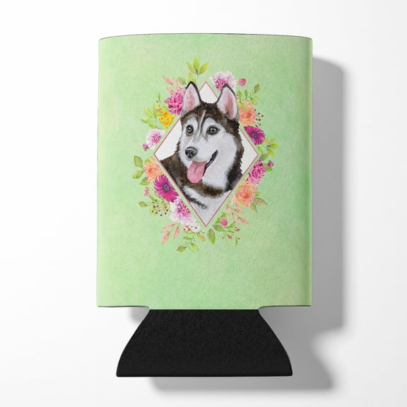 Carolines Treasures CK4311CC Siberian Husky Design1 Green Flowers Can or Bottle Hugger Can Hugger multicolor