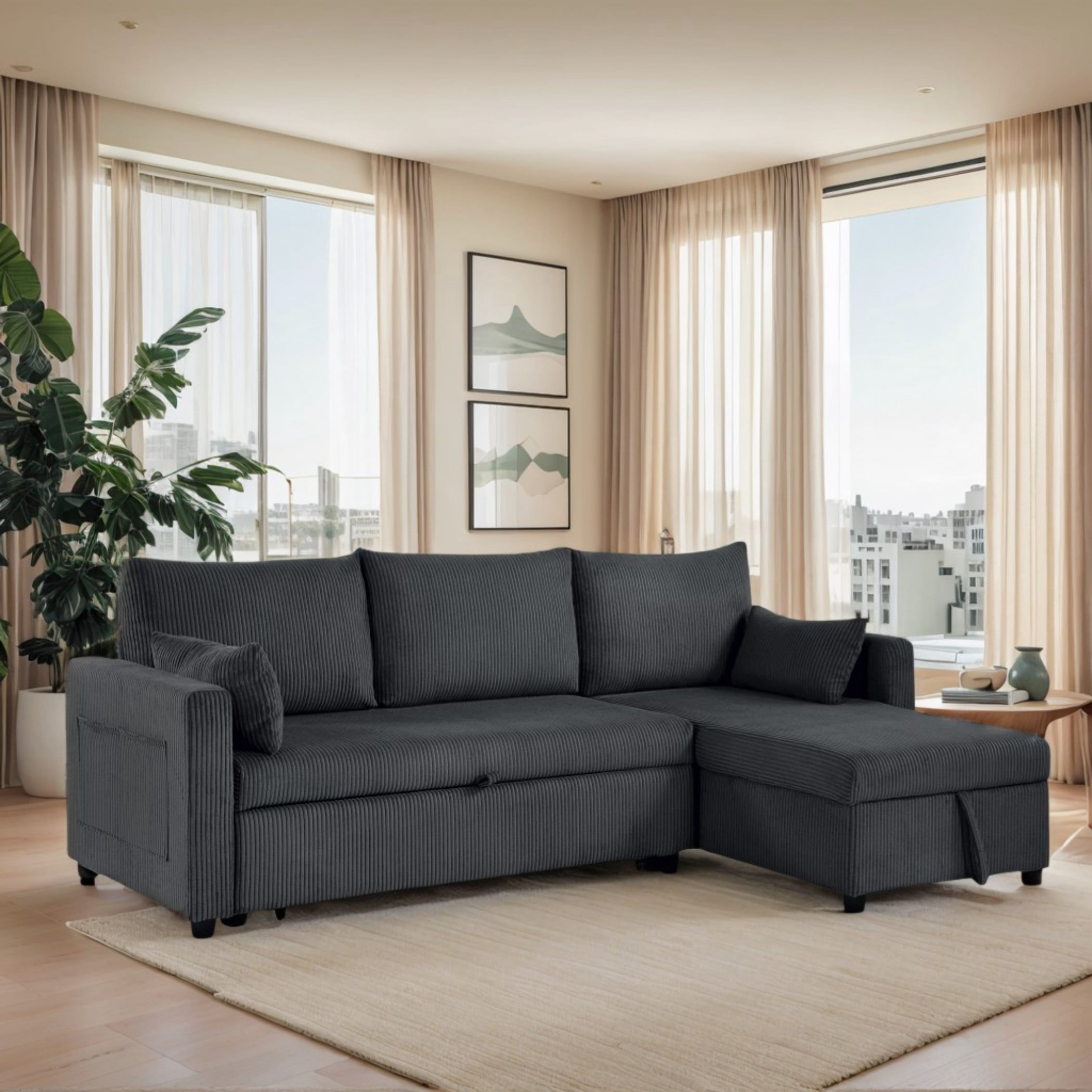 BSHTI L-Shaped Pull-Out Sleeper Sofa Bed with Storage Chaise – 3-Seater Convertible Corduroy Sectional Couch, Solid Wood & Iron Frame, for Apartments, Small Living Rooms, and Offices, Black