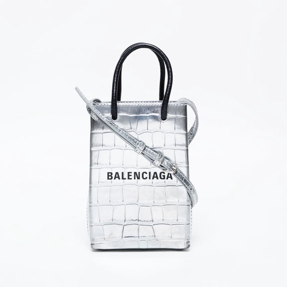 Pre-Owned Balenciaga Embossed Leather Shopping Phone 2-Way Mini Tote Shoulder Bag, Silver,...