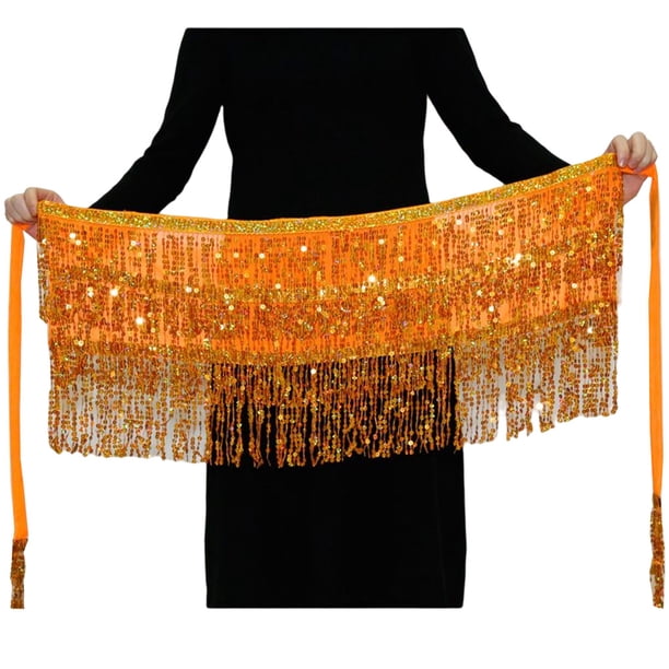 Qarigey a la cadera para danza del vientre a la moda, faldas con borlas, multicolor, hermosa lentejuela, diamantes de imitación brillantes, Prendas para la parte inferior del cuerpo Naranja Qarigey AP012243-10