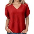 thumbnail image 4 of idosla Womens Summer Gauze Blouses Crinkle Texture V Neck Short Sleeve Pullover Shirts Solid Color Work Camping Outfits Top (Red, XL), 4 of 7