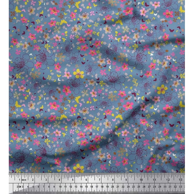Soimoi Poly Georgette Fabric Leaves,Butterfly & Flower Floral Print Sewing Fabric Yard 52 Inch Wide