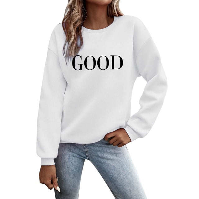 Bmisegm T-Shirts Graphiques à Manches Longues Décontractés pour Femmes, Chandails à Col Rond, Hauts à Enfiler pour Femmes, Chandails Décontractés pour Femmes, Blanc P