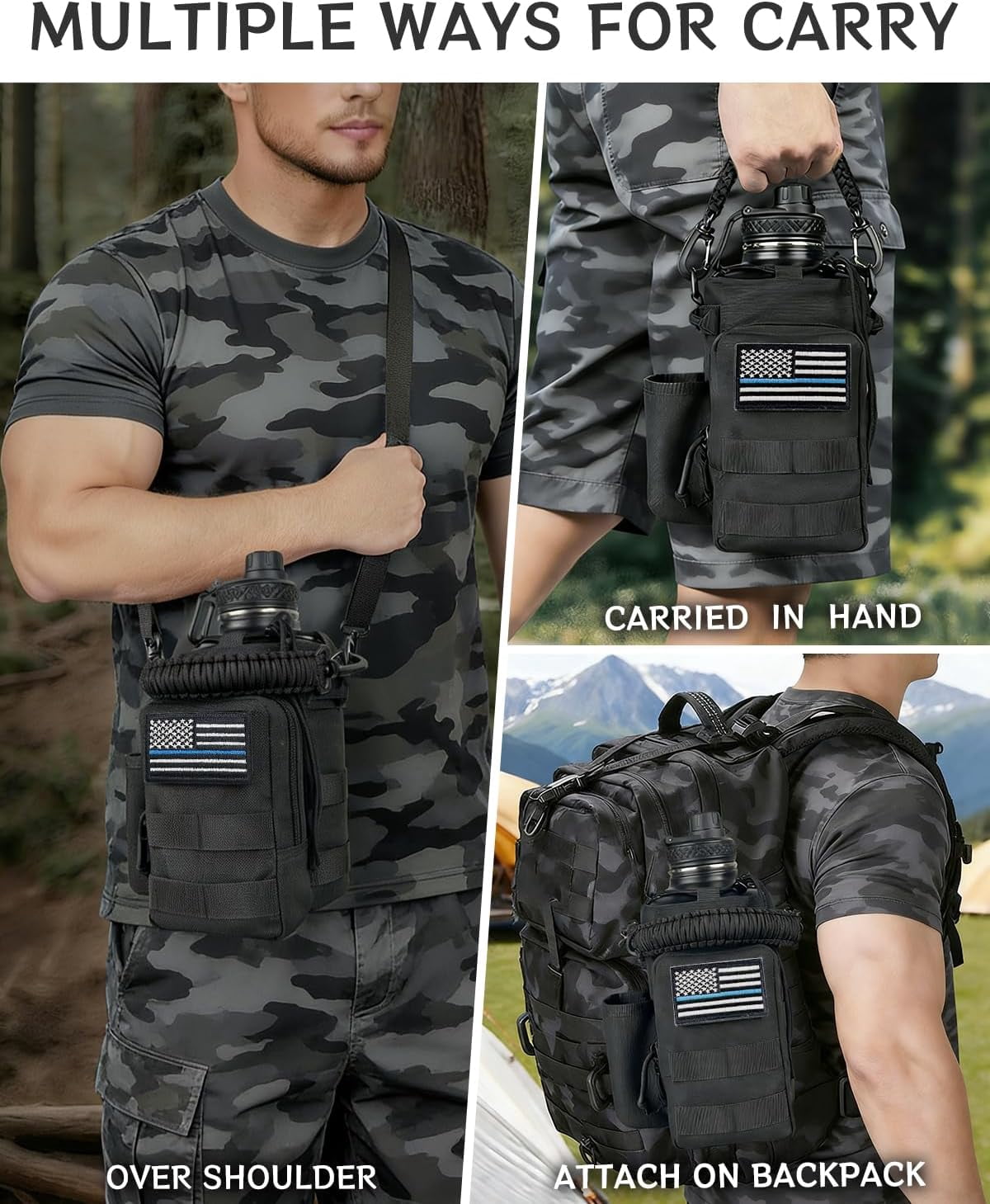 Half Gallon Water Bottle Insulated with Sleeve-64 oz Stainless Steel Water Jug with Strap Paracord Handle Metal Sport GYM Water Bottles for Men Women Hunting Hiking Travel Biking Camo CP