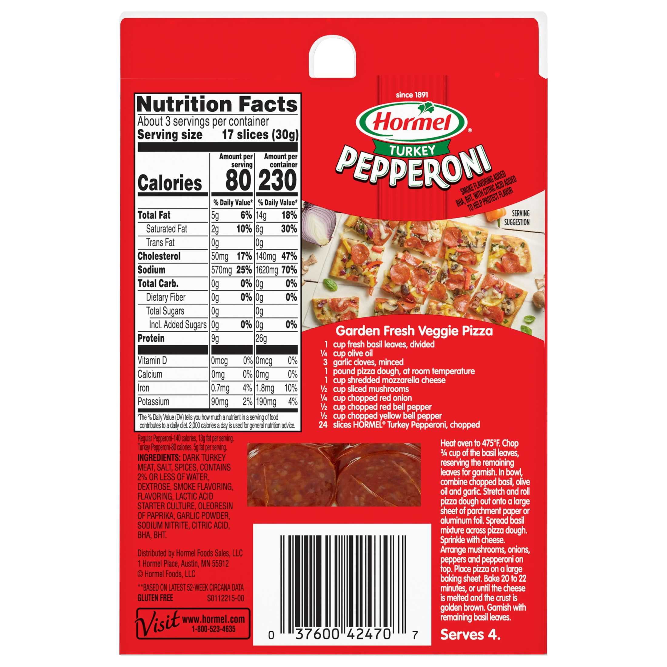 HORMEL Turkey Pepperoni Slices, Pizza Topping, Gluten Free, 3 oz Plastic Package