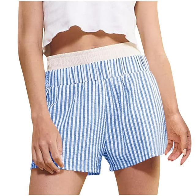 ohmzyzo Women's Stripe Print Exposed Boxer Shorts Elastic High Waisted Wide Leg Y2K Workout Gym Shorts