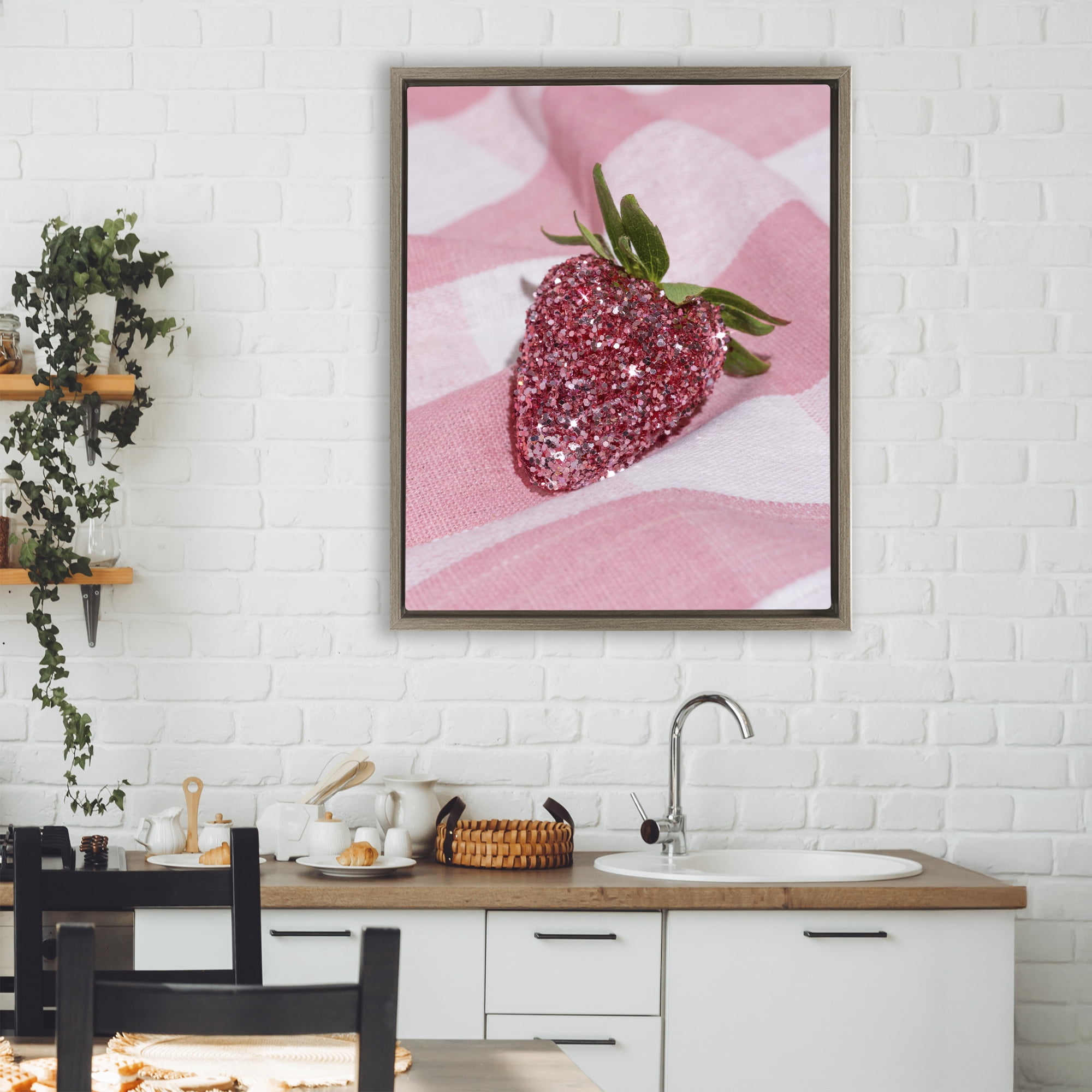 Stupell Industries Glimmer Strawberry on Pink Brown Framed Floater Canvas Wall Art, design by LISH Creative
