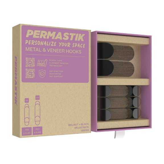Permastik Damage Free Black Metal & Walnut Veneer Deco Hooks Bulk pack – 6 Medium and 2 Large Wall Hooks for Kitchen, Bathroom, Home