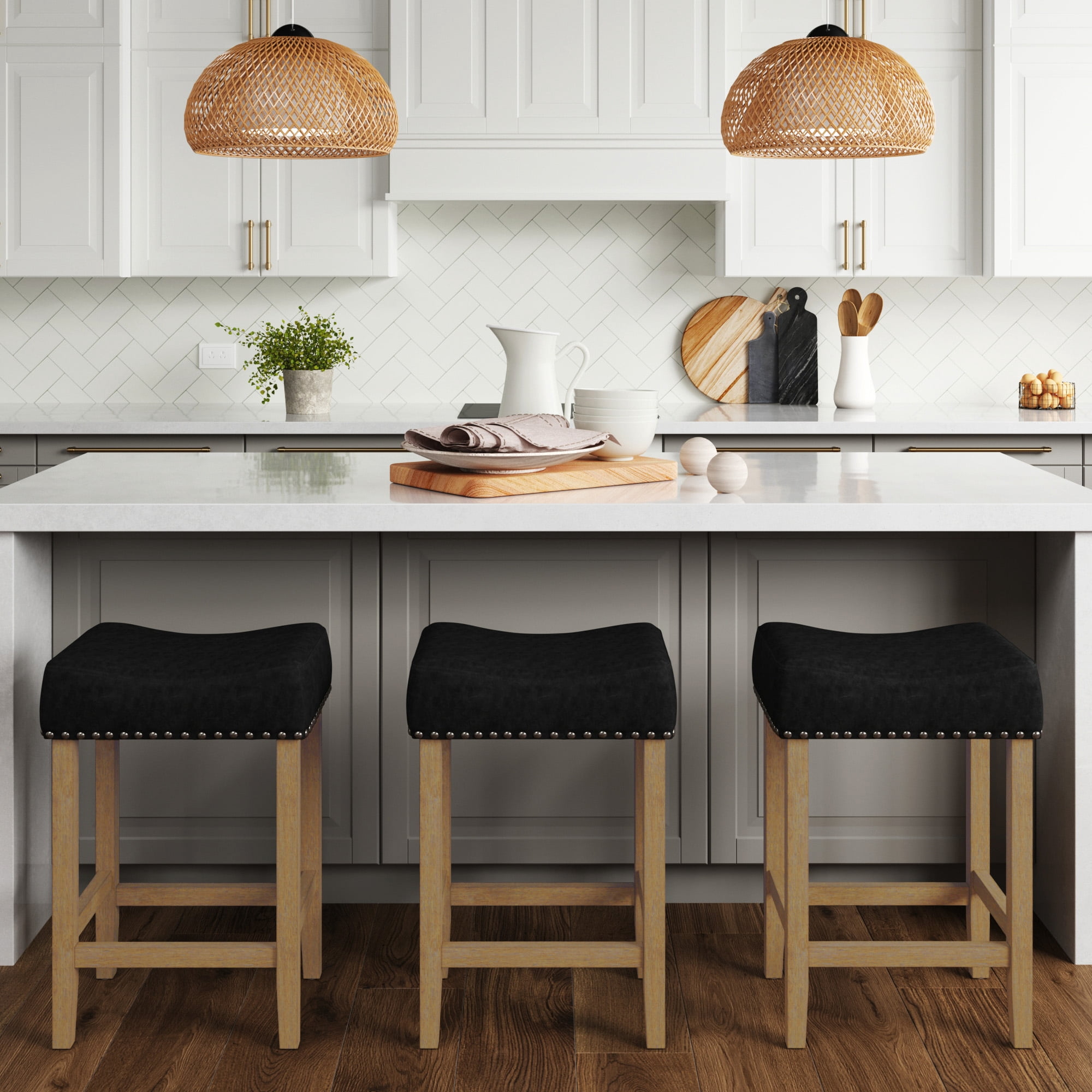 Nathan James Hylie Nailhead Wood Pub-Height Counter Bar Stool 24" Black Fabric Cushion Light Brown Finish