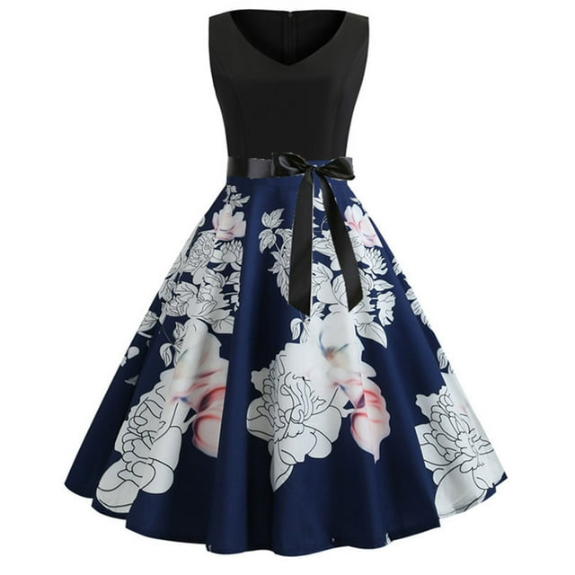 EQWLJWE Longue Robe pour Femmes Mode pour Femmes Imprimé Vintage Col en V Sans Manches Robe Aguichant Évasée