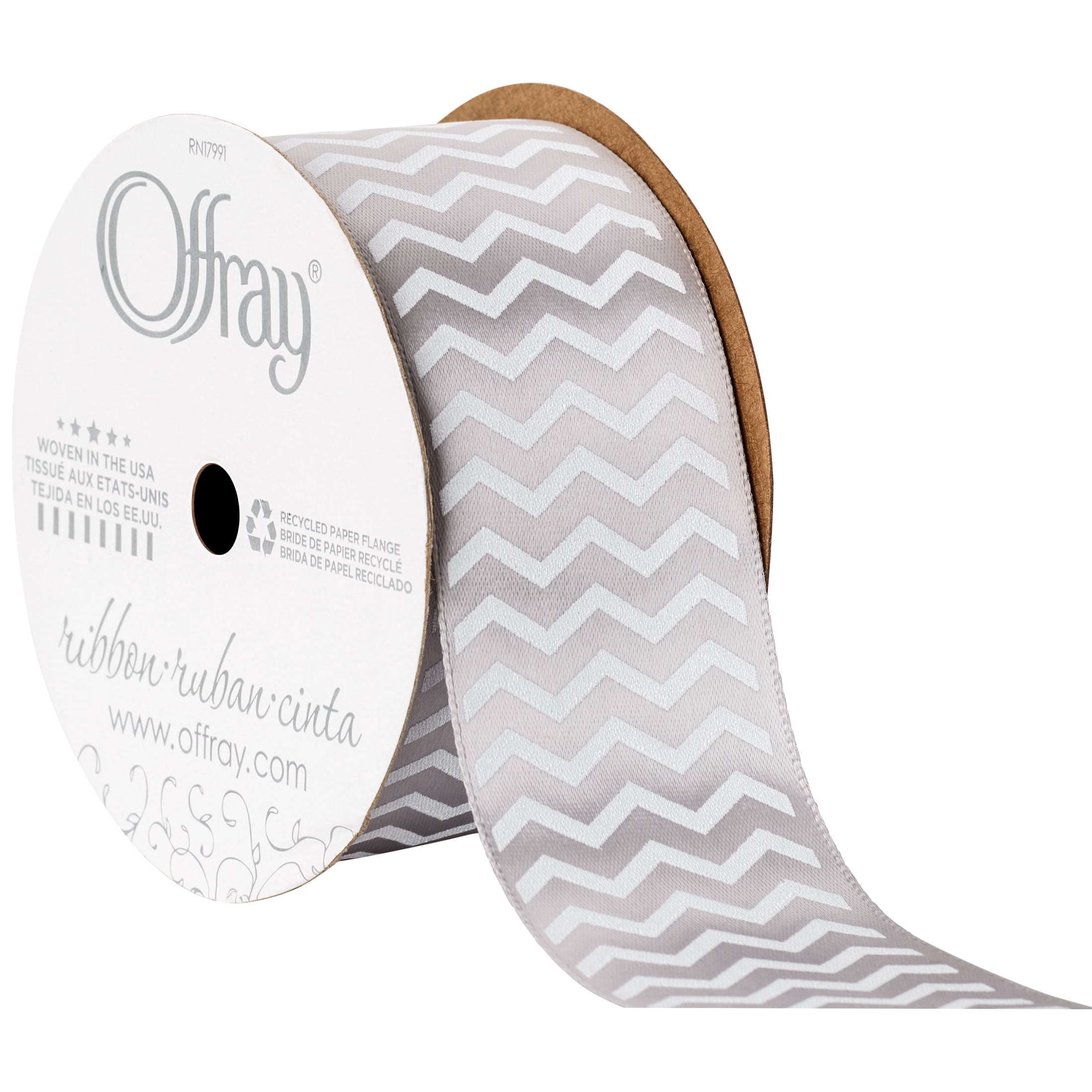 Offray Ribbon, Chevron Silver 1 1/2 inch Single Face Satin Polyester Ribbon, 9 feet