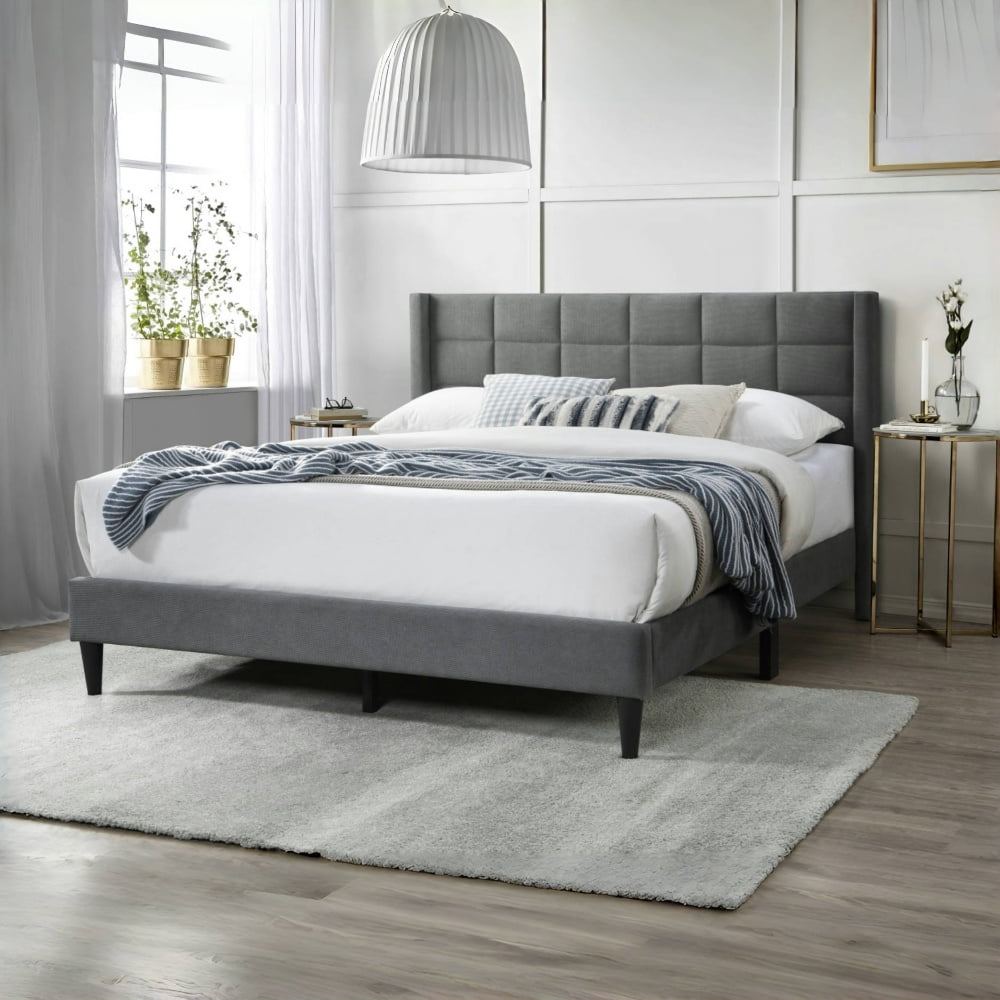 Tcbosik Upholstered Platform Bed Queen Size, Bed Frame with Button Tufted Button Wingback Headboard, No Box Spring Needed, Gray