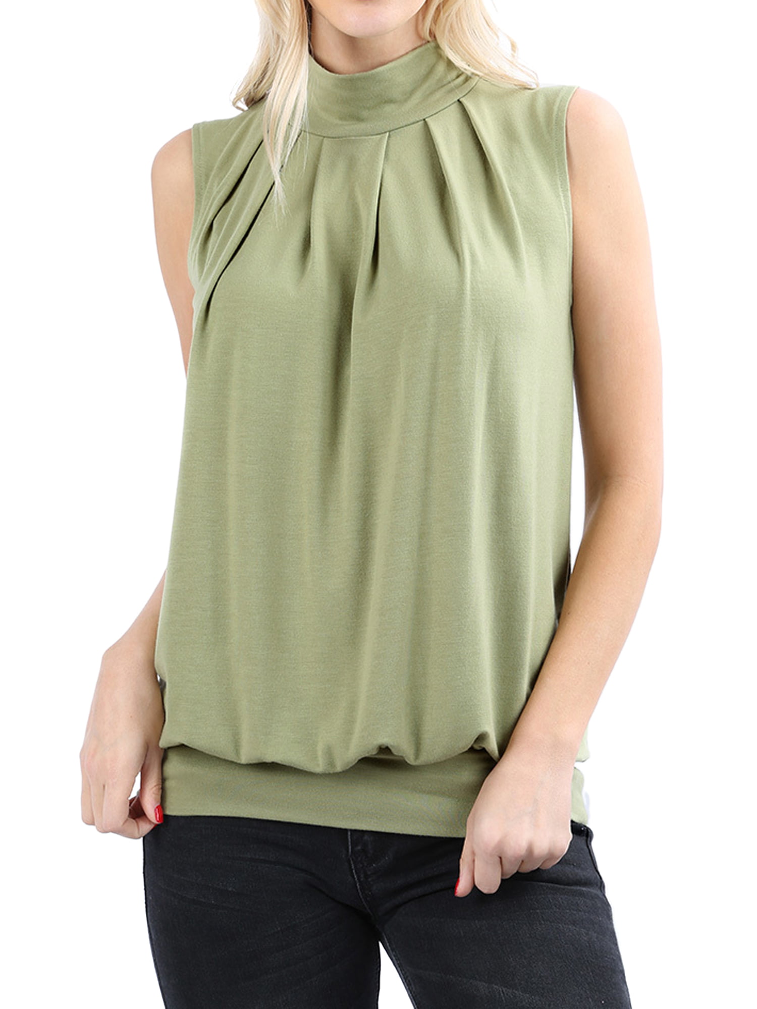 TheLovely - Women Sleeveless Mock-TurtleNeck Pleated Top with Waistband ...