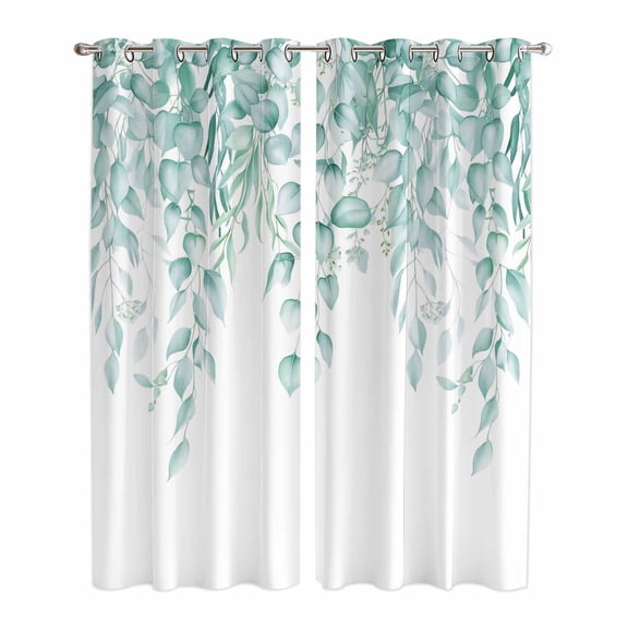 Eucalyptus Leaves Kitchen Curtains Window Panels, Turquoise Summer Botanical Weeping Insulated Window Treatment Curtain, Grommet Curtains for Bedroom/Living Room/Bathroom, 2 Piece 42"Wx84"L