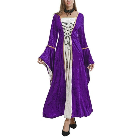 Lolmot Women's Medieval Vintage Dress Square Neck Tie Flared Sleeve Maxi Dress Halloween Cosplay Costume