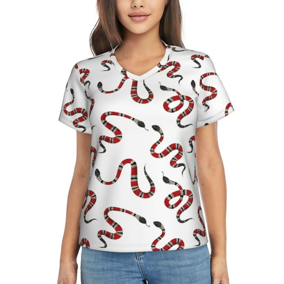 Xecao Red Snake for Women's V-Neck T-Shirts-Elegant Half-Sleeve Tops Perfect for Summer-Small