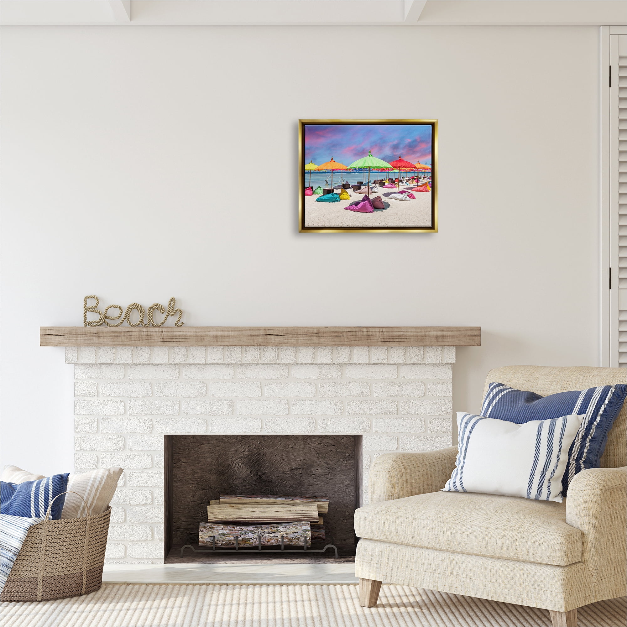 Stupell Industries Beach Umbrellas on Shore Landscape Photography Gold Floater Framed Canvas Art Print Wall Art, 21 x 17