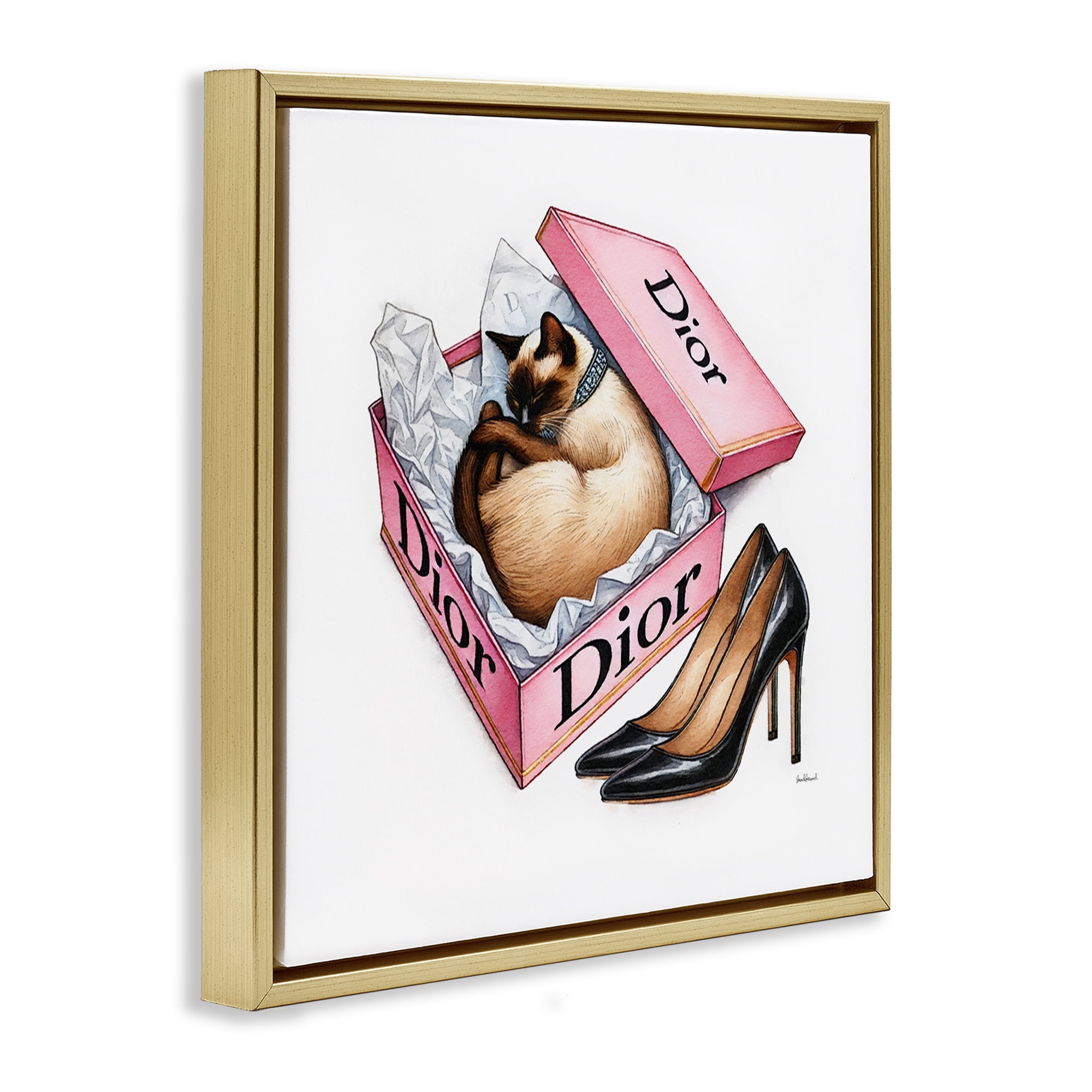 Stupell Industries Pink Shoebox with Cat Animals Painting Gold Floater Framed Canvas Art Print Wall Art, 18 x 18