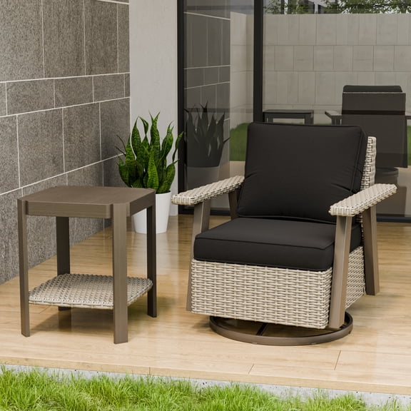 INTER HUT Serenity Retreat 2 PCS PE Wicker Outdoor Furniture Set, Patio Swivel Rocker Chair & Side Table, Beige/Black